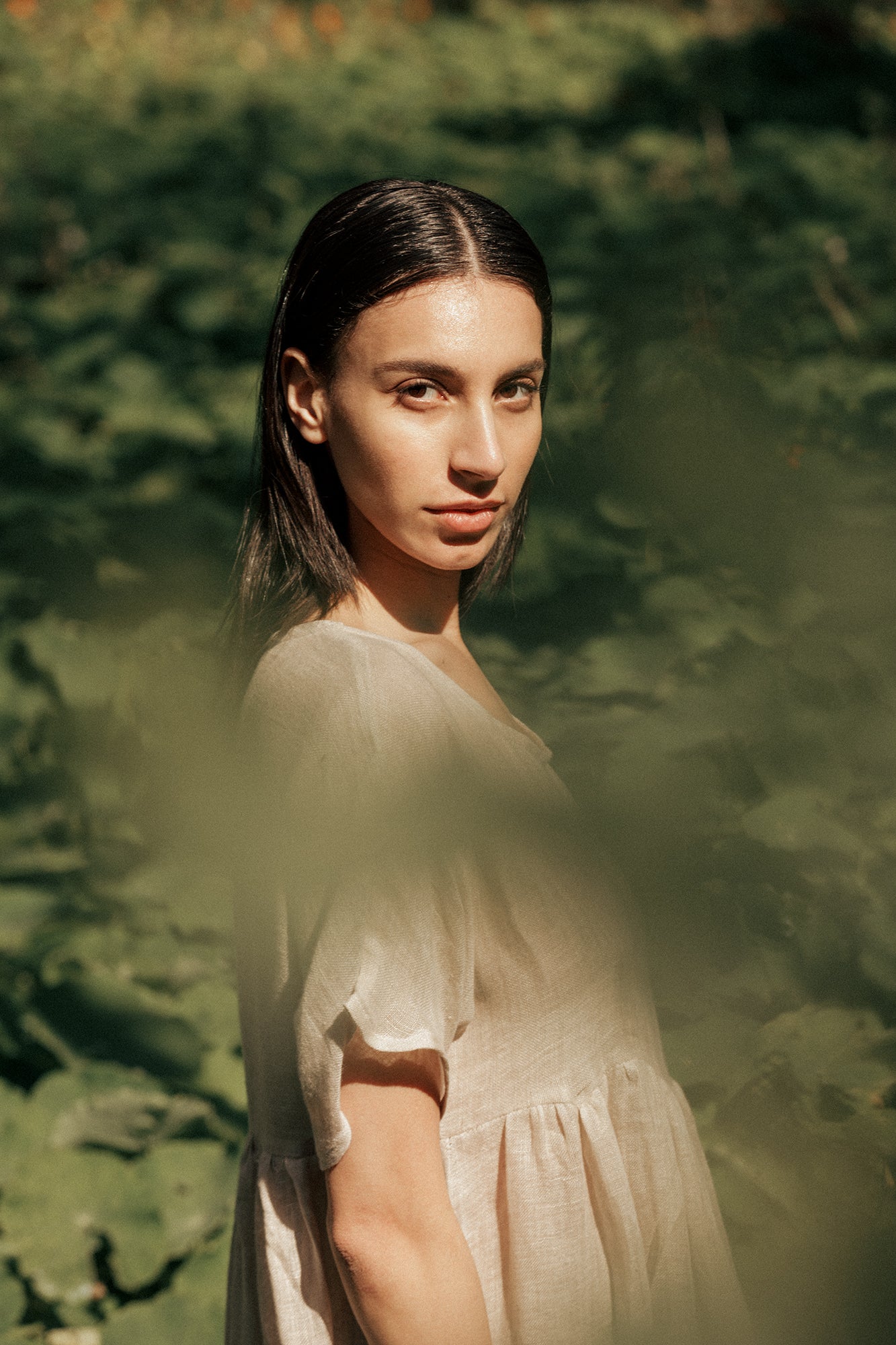 Model wearing Museā Forest dress made in 100% linen.