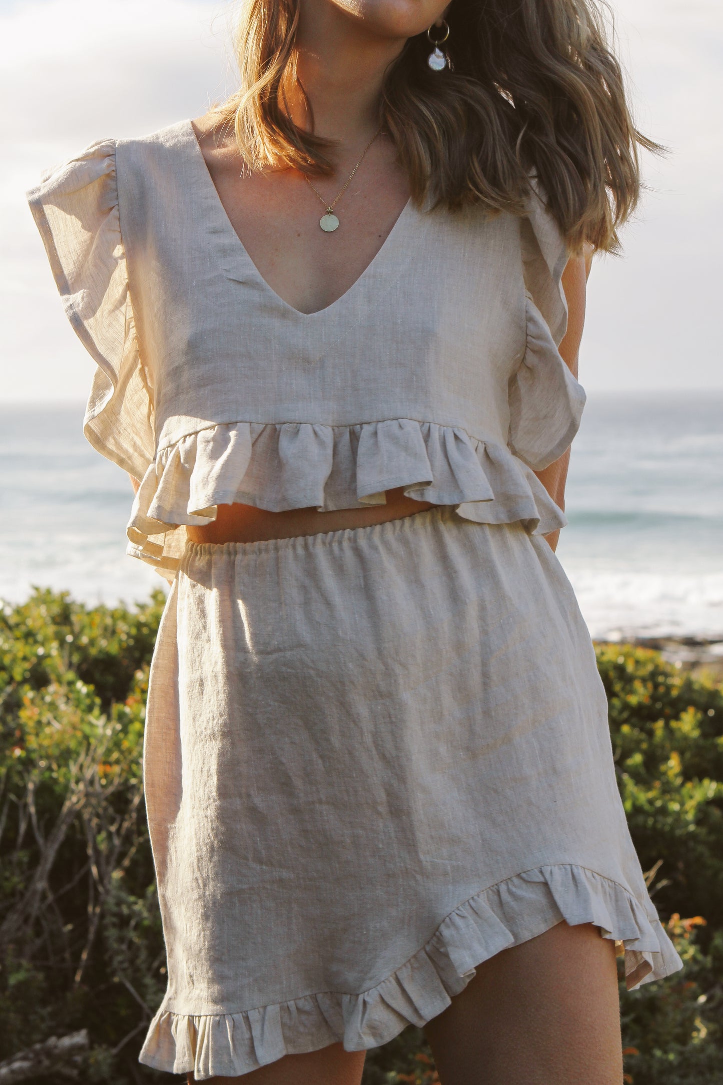 Model wearing the linen frilly skirt