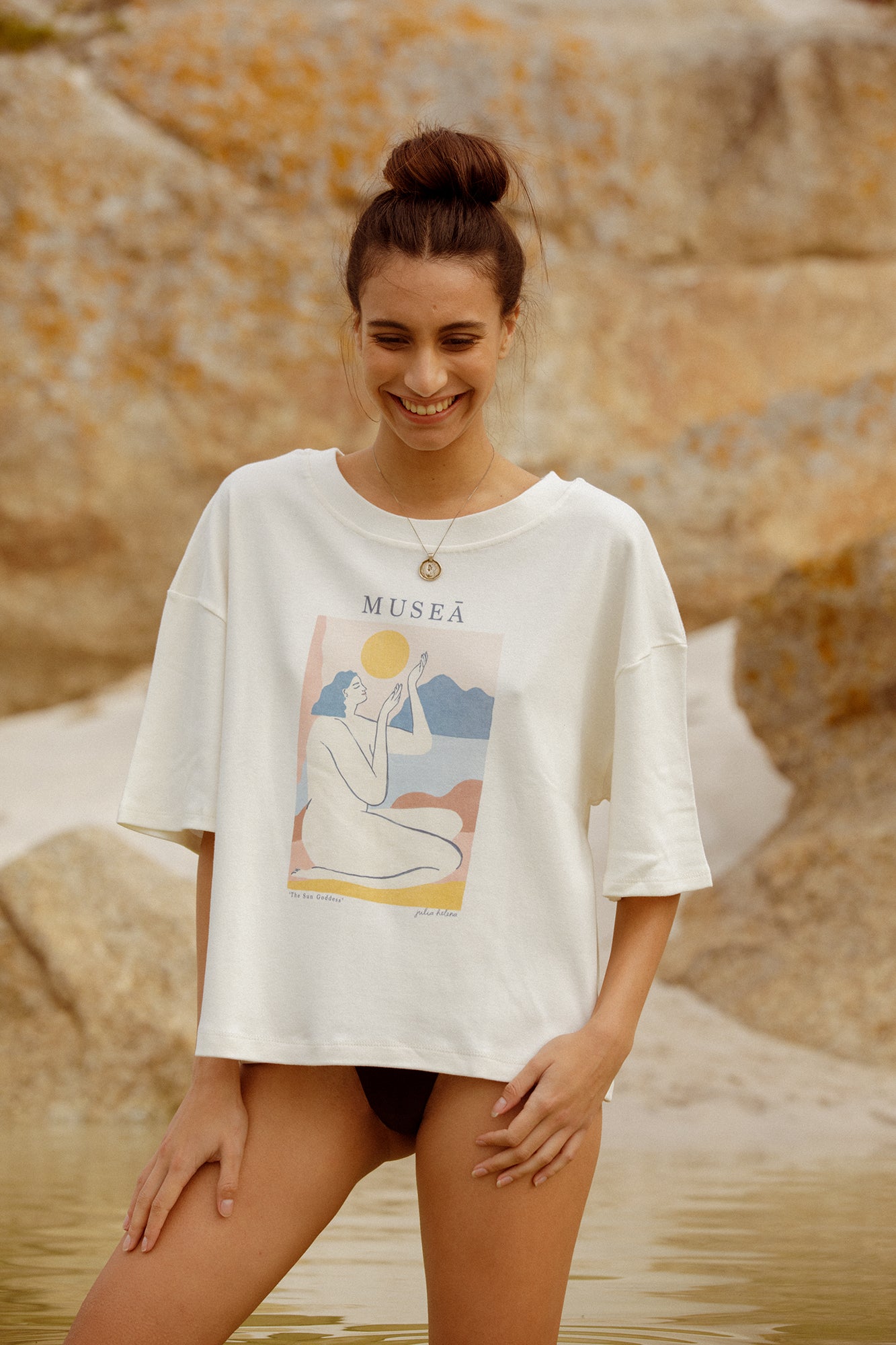 Model wearing the sun goddess tee