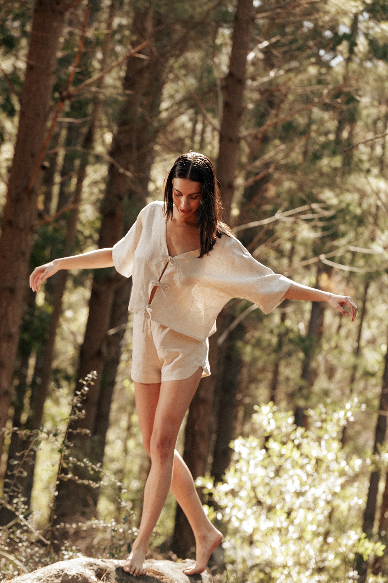 Model wearing the Museā Native Top and Beth Shorts made in 100% linen