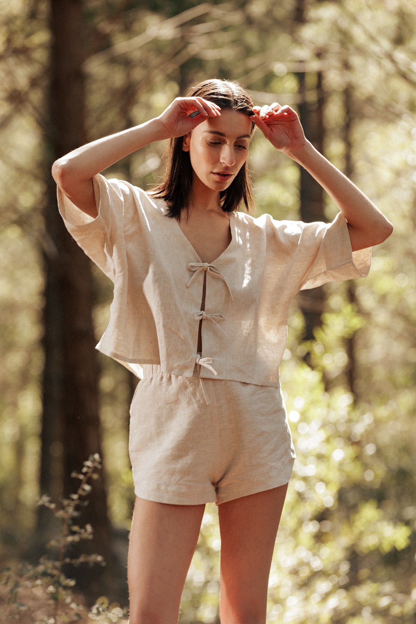Model wearing the Museā Native Top and Beth Shorts made in 100% linen