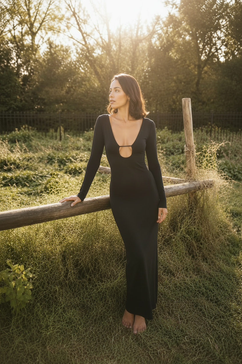 A woman wearing a long black maxi dress with long sleeves and a keyhole cutout at the chest, standing outdoors in a grassy field next to a wooden fence during golden hour.