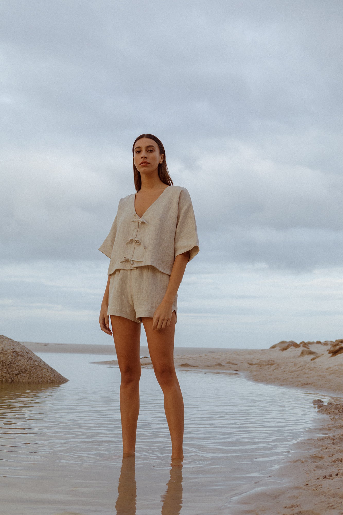 model wearing pure linen native top and beth shorts