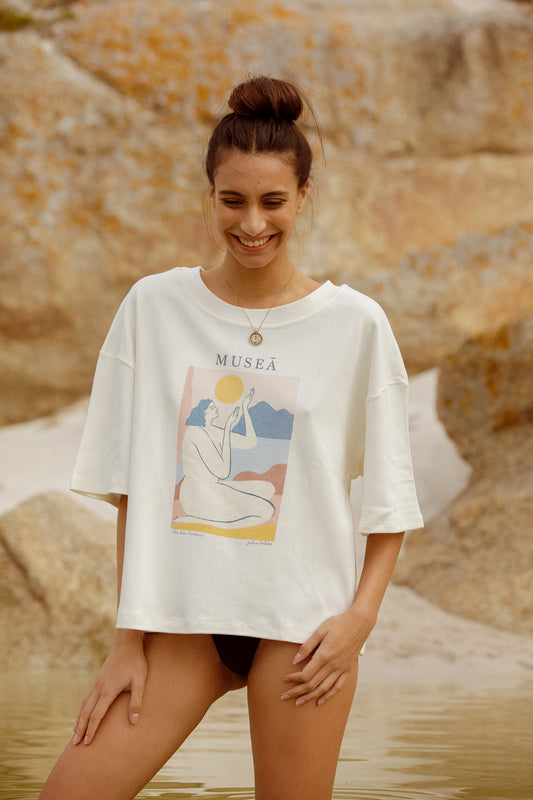 Model wearing the sun goddess tee